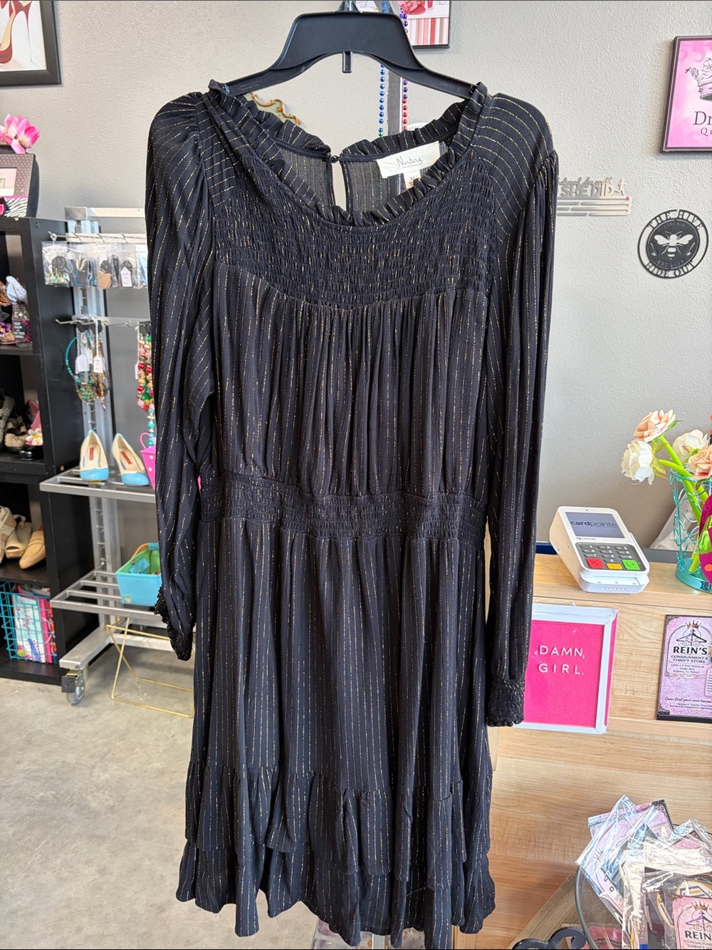 Velvet by Graham & Spencer Black Dress with Metallic Pinstripes